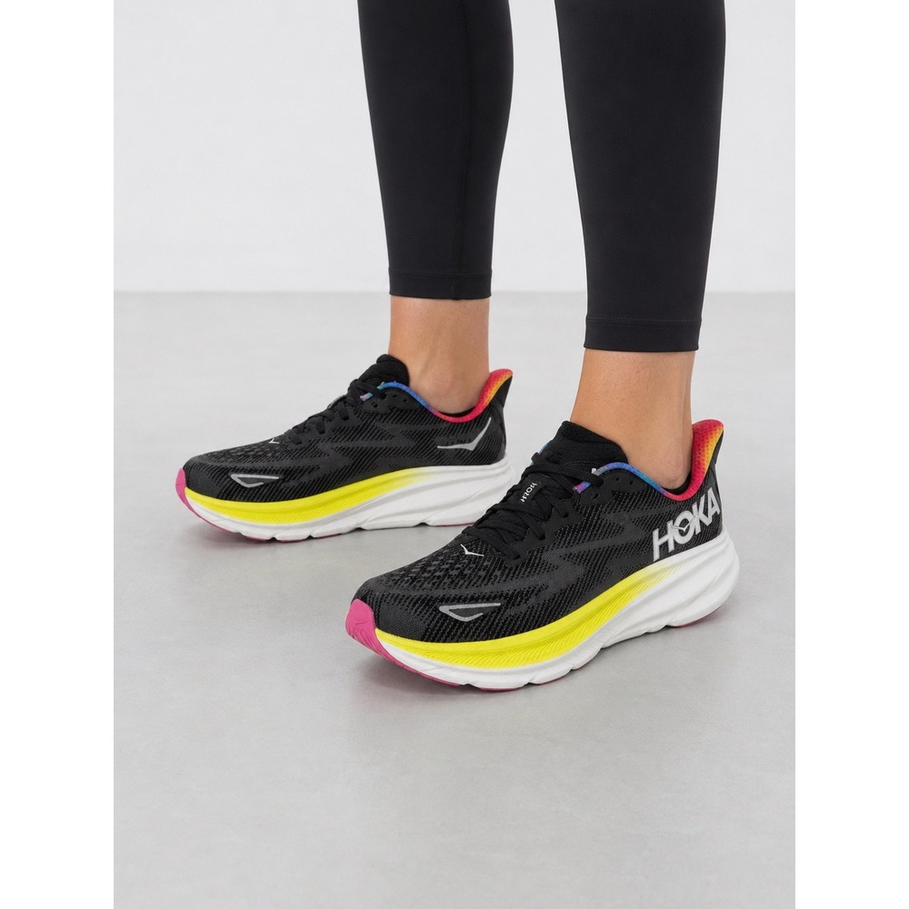 Hoka Clifton 9 Black Joyful Pink Rainbow Running Shoes Women 1127896-BJYN